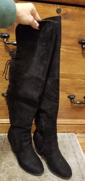 High, over-the-knee with tie string laces up the back suede boot - Picture 4 of 12